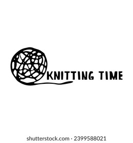 Time to knitting.Hand lettering.Illustration with a ball and an inscription.Logo.Vector.
