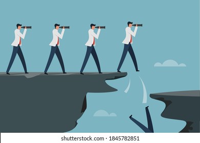 Time lapse illustration of a Businessman falling  from a cliff while looking though a binocular to find long target 