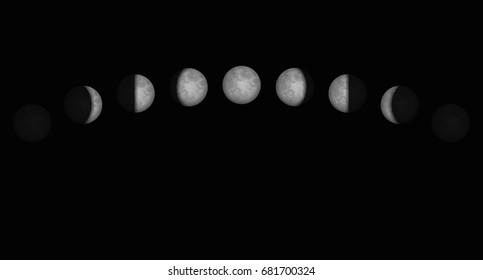 Time lapse of the moon phases - different shapes of illuminated portions seen from the northern hemisphere of planet earth. Vector illustration on black background.