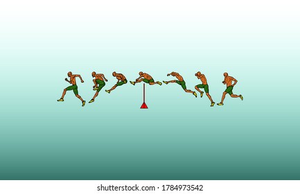 Time lapse motion of an athletic runner hurdle over a barrier. Vector illustration. 