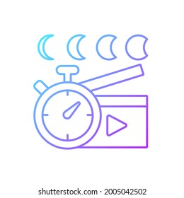 Time lapse videos gradient linear vector icon. Shooting footage over night. Clock with time passing for filmmaking. Thin line color symbols. Modern style pictogram. Vector isolated outline drawing