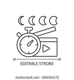 Time lapse videos linear icon. Shooting footage over night. Clock for filmmaking. Thin line customizable illustration. Contour symbol. Vector isolated outline drawing. Editable stroke