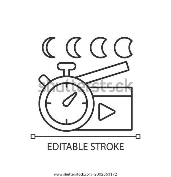 Time\
lapse videos linear icon. Shooting footage over night. Clock for\
filmmaking. Thin line customizable illustration. Contour symbol.\
Vector isolated outline drawing. Editable\
stroke
