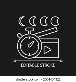 Time lapse videos white linear icon for dark theme. Shooting footage over night. Thin line customizable illustration. Isolated vector contour symbol for night mode. Editable stroke