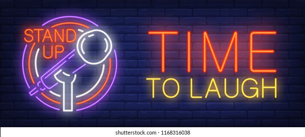 Time to laugh neon sign. Glowing Stand up and mike in circle frame on brick background. Night bright advertisement. Vector illustration in neon style for stand up, concert and performance