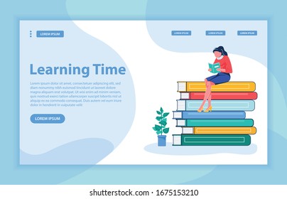 Time To Learn Banner. Girl Brunette Sitting On Multicolored Book Pile And Reading Study Guide, Getting Ready To Next Class Or Final Exam. Flat Vector Landing Page With Copy Space For Extra Text.