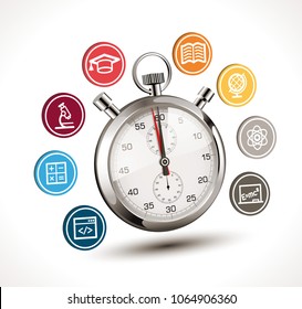 Time to learn concept - stopwatch with school symbols - biology, chemistry, physics, mathematics, literature, geography, programming