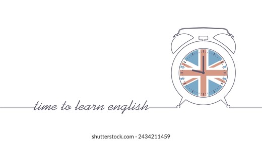 Time to learn English. Alarm clock with British flag on clock face. Thin line style