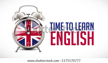 Time to learn english - Alarm clock with british flag on clock face - learning concept 