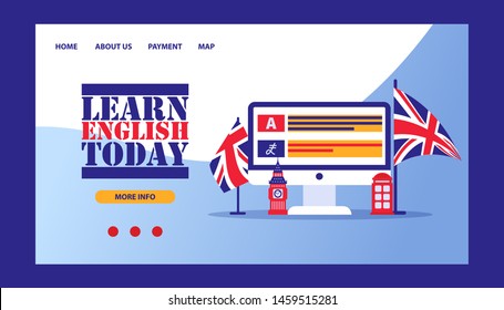 Time to learn english- british flag with computer online learning concept, vector illustration. Study and learn english course online.