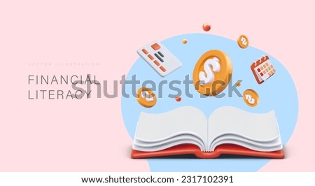 Time to learn how to manage finances. Financial literacy lessons online. Personal expenses, business payments. Opened 3D book, credit card, calendar, coins
