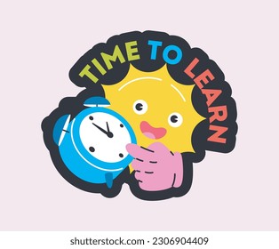 Time to learn icon. Color sticker with sun and alarm clock. School, study, education concept. Bright badge in retro style for social media. Cartoon flat vector illustration on white background