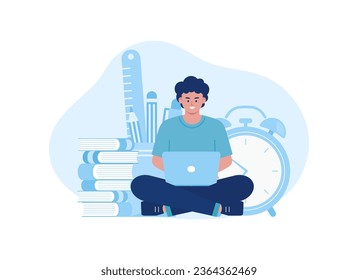 Time to learn. Students are sitting and studying using laptops trending concept flat illustration
