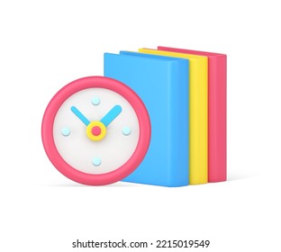 Time to learning book education reading back to school clock countdown with textbook stack realistic 3d icon vector illustration. Academic lesson studying graduation exam lecture literature