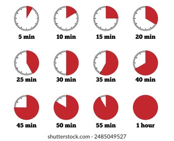 Time Learning For Children Timer Showing Minutes Set. Measuring minutes and teaching a child concept vector