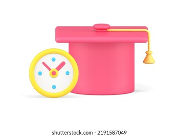 Time for learning graduation hat back to school academic watch countdown realistic 3d icon vector illustration. Speed teaching educational timing deadline interval examination prepare