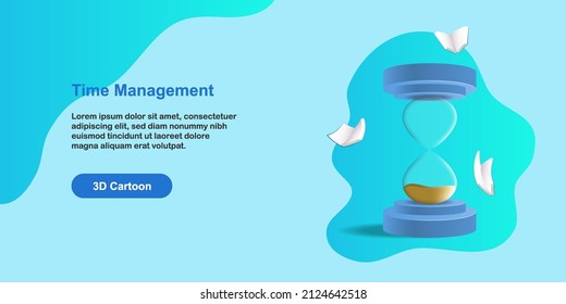 Time to learning and study, reading schedule concept, sand hourglass with book flying. 3D cartoon vector illustration