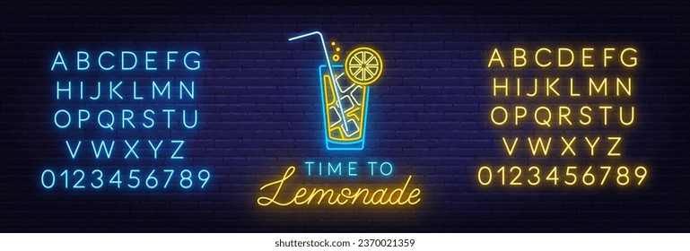 Time to Lemonade neon sign on brick wall background.