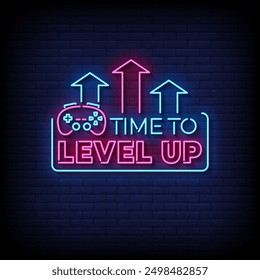 time to level up neon sign vector with brick wall background