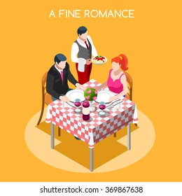 Time of Life Flat 3d Isometric Concept Day Time Management Planning Scheduling Relations and Wellness Interior Scene.Waiter Adult man woman at restaurant table People Collection Vector Illustration.