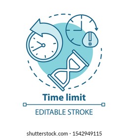 Time limit concept icon. Game timer idea thin line illustration. Different clock types. Stopwatch, hourglass. Time management. Vector isolated outline drawing. Time warning icon. Editable stroke