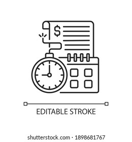 Time limit linear icon. Repaying by stated date. Loans with term lengths. Monthly payments. Thin line customizable illustration. Contour symbol. Vector isolated outline drawing. Editable stroke
