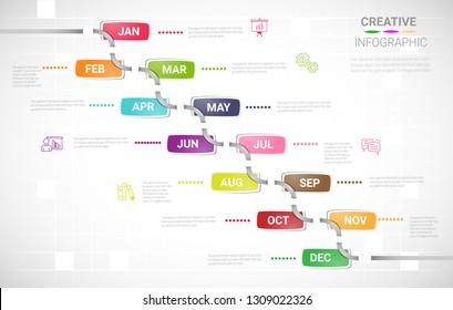 Time line 1 year, 12 months, Timeline infographics design vector 12 steps and Presentation business can be used for Business concept with 12 options, steps or processes.