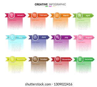 Time line 1 year, 12 months, Timeline infographics design vector 12 steps and Presentation business can be used for Business concept with 12 options, steps or processes.