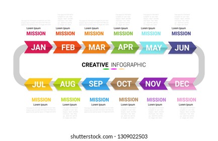 Time line 1 year, 12 months, Timeline infographics design vector 12 steps and Presentation business can be used for Business concept with 12 options, steps or processes.