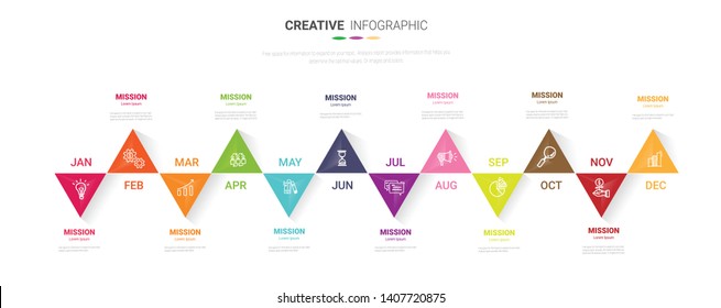 Time line for 1 year, 12 months, Timeline infographics design vector 12 steps and Presentation business can be used for Business concept with 12 options, steps or processes. 
