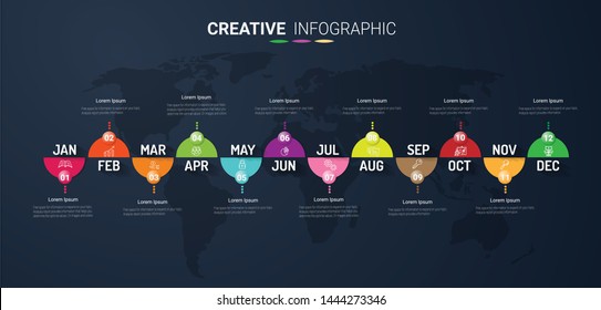 Time line for 1 year, 12 months, Timeline infographics design vector 12 steps and Presentation business can be used for Business concept with 12 options, steps or processes. 