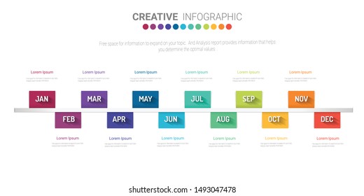 Time line for 1 year, 12 months, infographics month planner design vector 12 steps and Presentation business can be used for Business concept with 12 options, steps or processes. 
