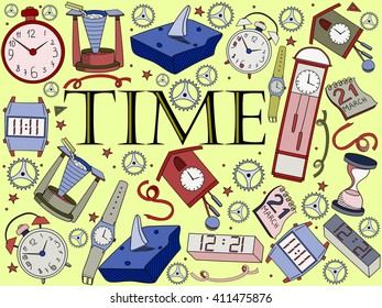 Time line art design vector illustration. Clock separate objects. Timer hand drawn doodle design elements.