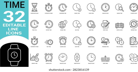 Time line art icons set including clock watch timer hourglass stopwatch alarm digital clock smart watch schedule history time zone progress editable stroke vector outline icon