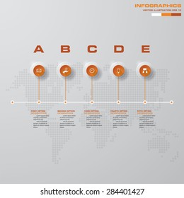 time line description. 5 steps timeline infographic with global map background for business design