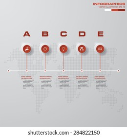 time line description. 5 steps timeline infographic with global map background for business design