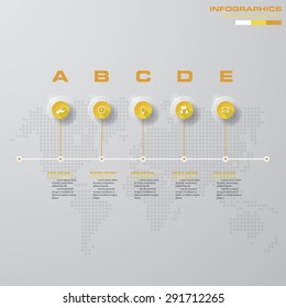 time line description. 5 steps timeline infographic with global map background for business design