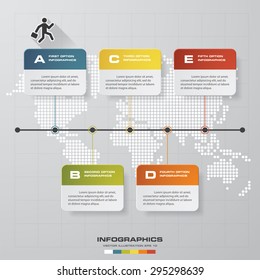 time line description. 5 steps timeline infographic with global map background for business design.