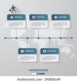 time line description. 5 steps timeline infographic with global map background for business design.