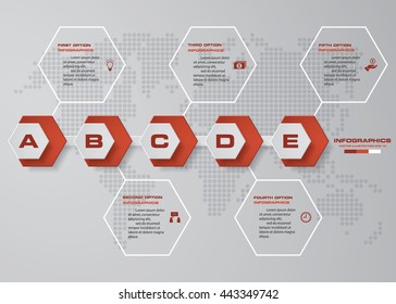 time line description. 5 steps timeline infographic with global map background for business design.