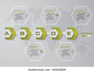 time line description. 5 steps timeline infographic with global map background for business design.