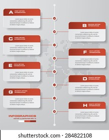 time line description. 8 steps timeline infographic with global map background for business design