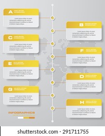 time line description. 8 steps timeline infographic with global map background for business design