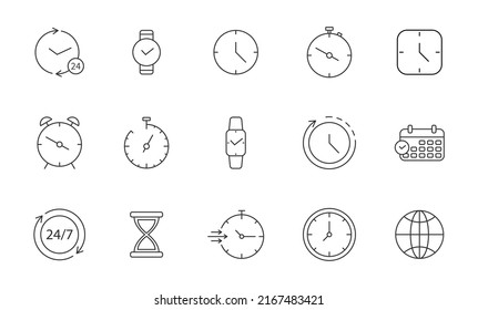 Time line icon set. Clock stroke symbol. Watch, timer, stopwatch outline label. Alam thin pictogram. Speed 24 hour. Calendar date. Business deadline. Hourglass tag. Management. Vector illustration.