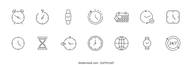 Symbol für die Zeitlinie eingestellt. Zauberstabzeichen. Rahmenpiktogramm ansehen. Timer, Stoppuhr, alam dünnes Etikett. Geschwindigkeit 24 Stunden. Kalenderdatum. Geschäftsfrist Hourglass-Tag. Management. Vektorgrafik.