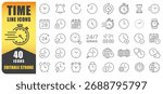 Time Line Icon Set. A Collection Of 40 Editable Stroke Thin Line Icons Representing Clocks, Watches, Timers, Calendars, And Schedules. Perfect For Time Management, 24 7 Service. Isolated Vector.
