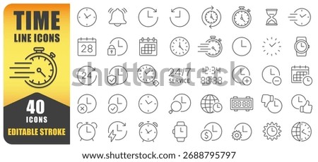 Time Line Icon Set. A Collection Of 40 Editable Stroke Thin Line Icons Representing Clocks, Watches, Timers, Calendars, And Schedules. Perfect For Time Management, 24 7 Service. Isolated Vector.