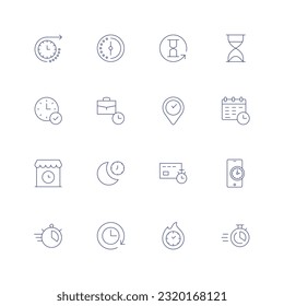 Time line icon set. Editable stroke. Thin line icon. Containing future, half hour, hourglass, on time, part time, place, planning, shop, sleep, timer, smartphone, time.