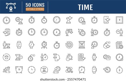 Time Line Icon set. Editable Stroke. Containing Timer, alarm, calendar, time, stopwatch, hourglass, and more.
Vector Illustration.