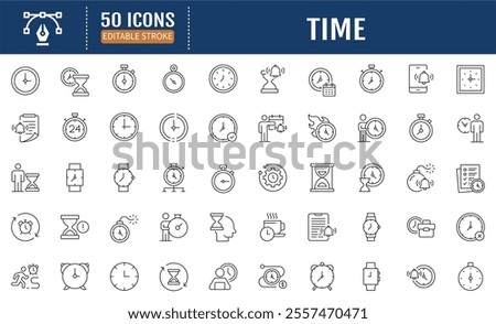 Time Line Icon set. Editable Stroke. Containing Timer, alarm, calendar, time, stopwatch, hourglass, and more.
Vector Illustration.